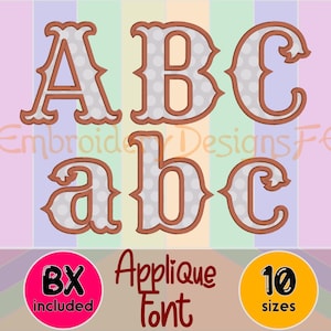 May include: An applique font design featuring the letters A, B, C, a, b, and c. The letters have a brown outline with a white interior filled with small gray polka dots. The words "Applique Font" and "10 sizes" are also visible.