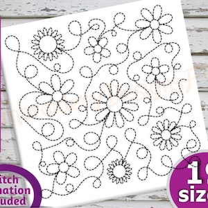 Flowers Quilt Block Embroidery Design - 19 Sizes - Run & Triple Stitch Versions - Continuous Quilt Blocks Embroidery, Quilting Embroidery