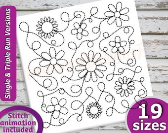 Flowers Quilt Block Embroidery Design - 19 Sizes - Run & Triple Stitch Versions - Continuous Quilt Blocks Embroidery, Quilting Embroidery