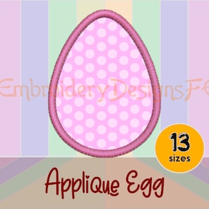 May include: Pink applique egg embroidery design with white polka dots. The design is available in 13 sizes.