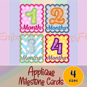 May include: Four colorful applique milestone cards with scalloped edges, displaying the numbers 1, 2, 3, and 4, each with the word "Months." The cards are set against a striped background, with the words "Applique Milestone Cards" below.
