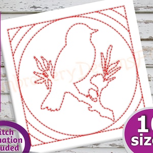 May include: Red dashed line design of a bird with a branch of leaves in a circle. The design is available in 10 sizes. Stitch animation included.