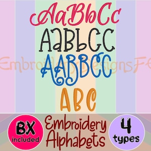 May include: Image features four different embroidery alphabet styles in red, black, blue, and orange. The text "8X included" is in a pink circle, and "Embroidery Alphabets" is in brown text. The text "4 types" is in a purple circle.