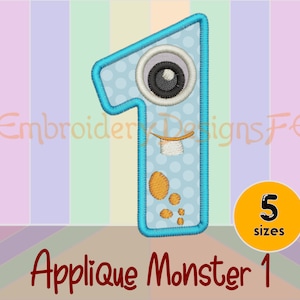 Monster Number 1 Applique Design - 5 Sizes - Machine Embroidery Design File