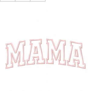 May include: Pink embroidered "MAMA" lettering with a white outline. The embroidery is in a collegiate style font.