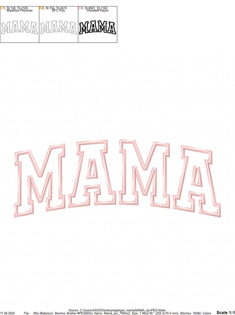 May include: Pink embroidered "MAMA" lettering with a white outline. The embroidery is in a collegiate style font.