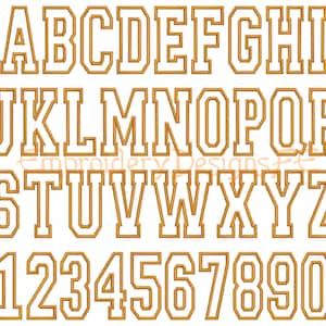 May include: A set of uppercase letters and numbers in a bold, blocky font style with a white outline and a gold fill. The letters and numbers are arranged in alphabetical and numerical order.