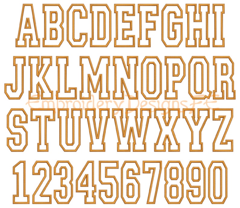 May include: A set of uppercase letters and numbers in a bold, blocky font style with a white outline and a gold fill. The letters and numbers are arranged in alphabetical and numerical order.
