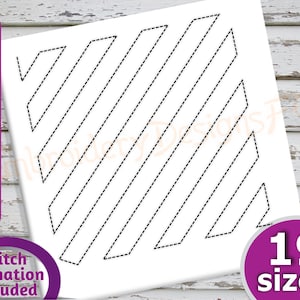 May include: A black and white digital design of a geometric pattern with diagonal lines. The design is available in 19 sizes and includes a stitch animation.