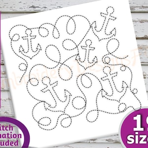 May include: A black and white line drawing of a nautical anchor design with 19 different sizes included. The design is perfect for embroidery or quilting projects.