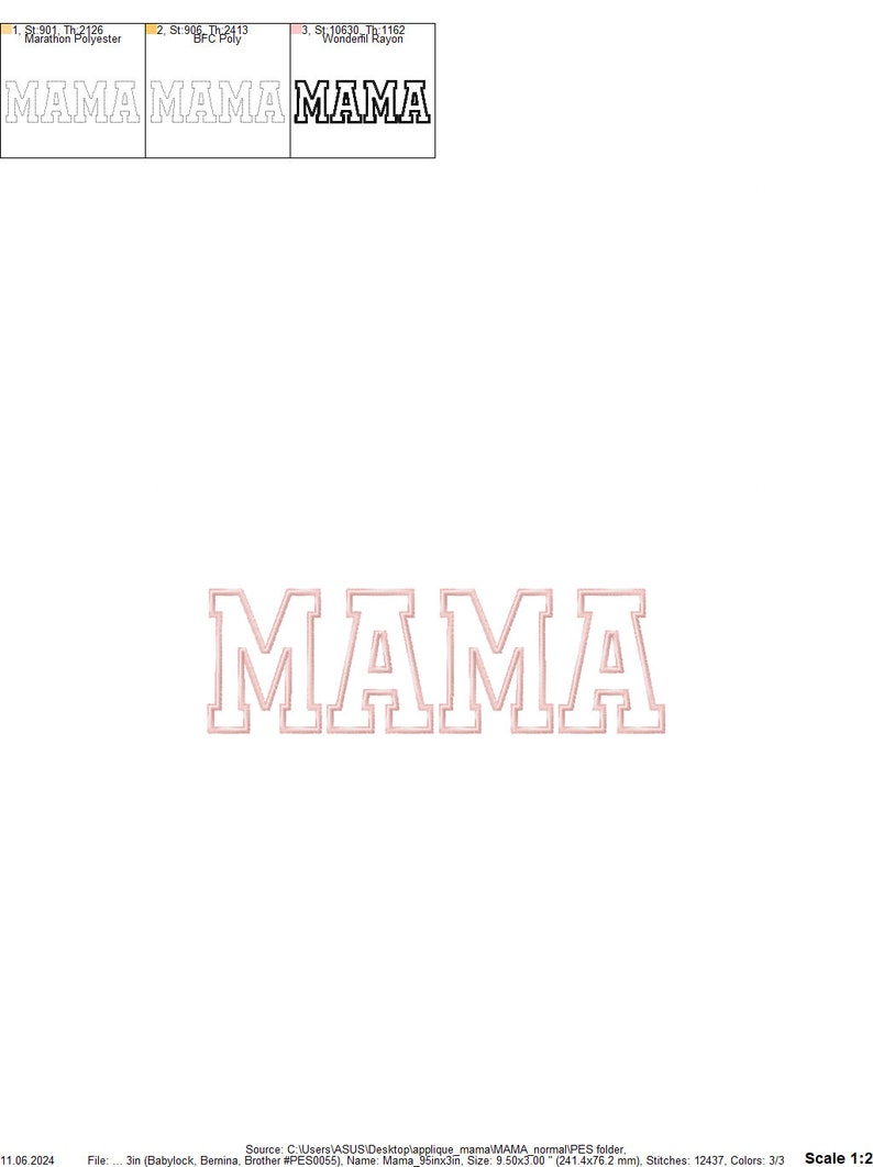 May include: An embroidered design of the word "MAMA" in a large, bold font. The design is outlined in white and has a vintage collegiate style.