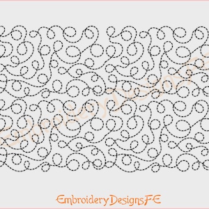 May include: A black and white digital design featuring a repeating pattern of swirls and circles. The design is outlined with a dashed line.
