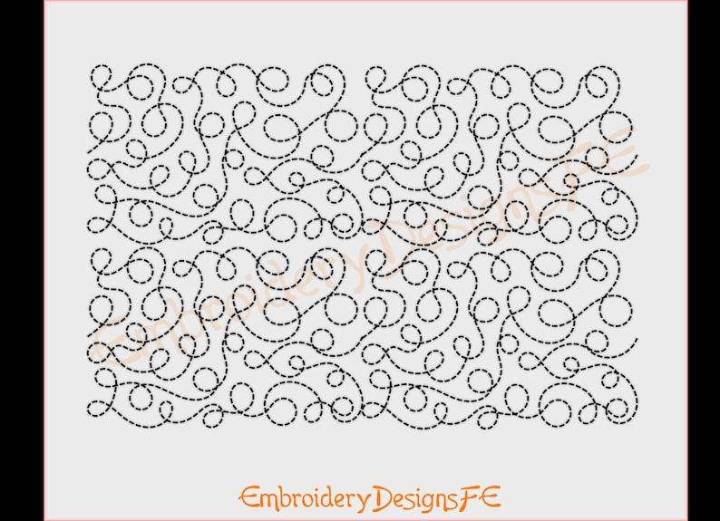 May include: A black and white digital design featuring a repeating pattern of swirls and circles. The design is outlined with a dashed line.
