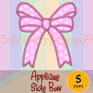 May include: Pink polka dot applique side bow embroidery design in five sizes.