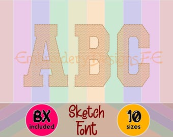 Varsity Sketch Font Embroidery Design, Bean Stitch Outline Alphabet, BX Included, Machine Embroidery Design
