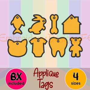 May include: A collection of yellow applique tags in various shapes, including a fish, rabbit, bone, house, cat, onesie, tooth, and bear. Each tag has a black outline and a small hole for attachment. The image also includes text that says "Applique Tags".