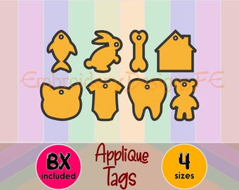 Various Tags Applique Design | Fish, Bunny, Bone, House, Cat, Onesie, Tooth, Teddy | 4 Sizes | Machine Embroidery Design File