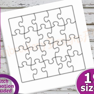 May include: A black and white puzzle outline with 19 different sizes. The puzzle is made up of 9 pieces and has a dashed line around the outside.