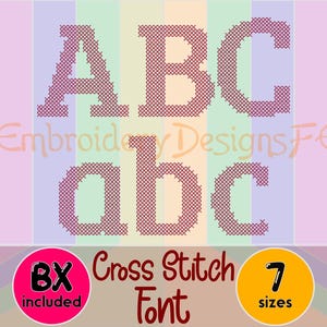 May include: A digital cross stitch font featuring uppercase and lowercase letters A, B, and C. The letters are in a burgundy color and are displayed on a colorful striped background. The text "Cross Stitch Font" is also included.