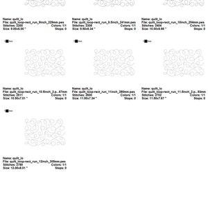 May include: Six different sizes of a black and white embroidery design of a swirling pattern. The design is called "quilt loop-rect run" and is available in sizes ranging from 9 inches to 12 inches.
