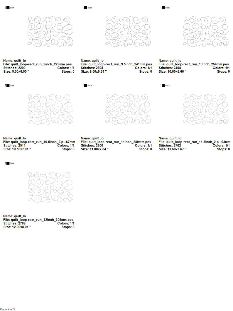 May include: Six different sizes of a black and white embroidery design of a swirling pattern. The design is called "quilt loop-rect run" and is available in sizes ranging from 9 inches to 12 inches.