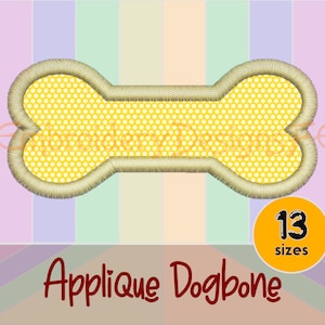 May include: Applique dog bone embroidery design in 13 sizes. The design features a yellow dog bone with a white polka dot pattern and a gold outline.