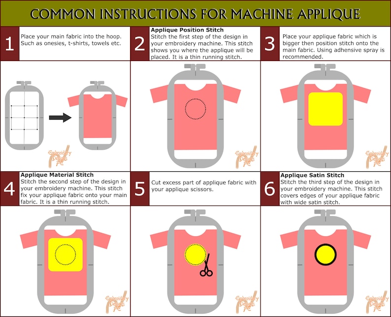May include: A six-step guide for machine applique, showing how to position, attach, and stitch applique fabric onto a t-shirt. The steps are illustrated with images of a t-shirt in a hoop, with a circle or square of yellow fabric.