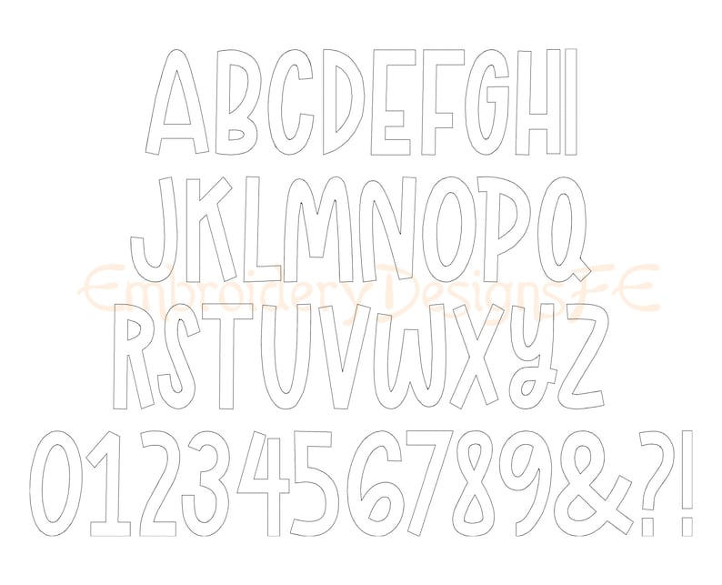 Pode incluir: Um contorno branco do alfabeto em letras mai&uacute;sculas, n&uacute;meros de 0 a 9, um e comercial e um ponto de exclama&ccedil;&atilde;o. As letras e os n&uacute;meros est&atilde;o em uma fonte em negrito e arredondada.