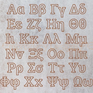 Könnte beinhalten: Der griechische Alphabet, in Groß- und Kleinbuchstaben, ist in brauner Umrandung auf einem strukturierten, hellgrauen Hintergrund dargestellt. Die Buchstaben sind gleichmäßig angeordnet und klar definiert.