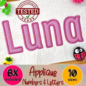 May include: A white fabric with the name "Luna" embroidered in pink, surrounded by decorative elements. The image includes a frog, a pineapple, and a ladybug-shaped embellishment. Text on the image includes "Tested", "BX included", "Applique Numbers & Letters", and "10 sizes".