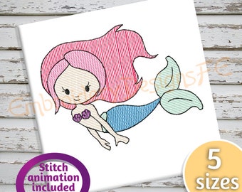 Mermaid Sketch Embroidery Design - 5 Sizes - 4, 5, 6, 7, 8 inches width