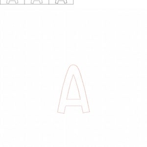 Pode incluir: Uma letra A branca, contornada de preto, com um contorno tracejado vermelho em torno da letra. A letra est&aacute; centralizada em um fundo branco.