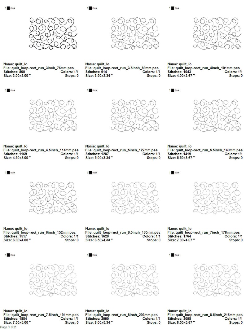 May include: A set of 12 black and white quilt patterns featuring a loop-rect design. The patterns are shown in various sizes, ranging from 3 inches to 8.5 inches.