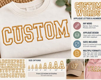 Custom Applique Embroidery Design, Personalized Varsity Letters & Numbers, Custom Word Machine Embroidery, Name Team School