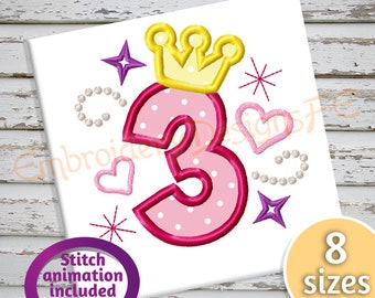 Birthday Number 3 Applique Design - 8 Sizes - Machine Embroidery Design