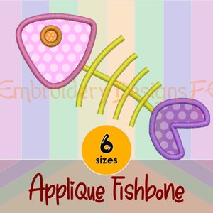 May include: Applique fishbone design with a pink and purple fish shape with yellow bones. The design is on a striped background with the text "Applique Fishbone" and "6 sizes".