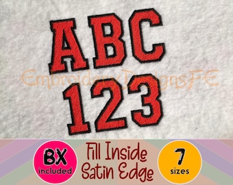 May include: An embroidery design featuring the letters ABC and numbers 123 in a bold red font with a thick black satin stitch outline. The text is stitched onto a white textured fabric background. Includes labels for BX format and 7 sizes.