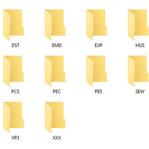 May include: A screenshot of a computer screen showing a list of folders with names like CSD, DST, EMD, EXP, HUS, JEF, JEF+, PCS, PEC, PES, SEW, SHV, VIP, VP3, and XXX.
