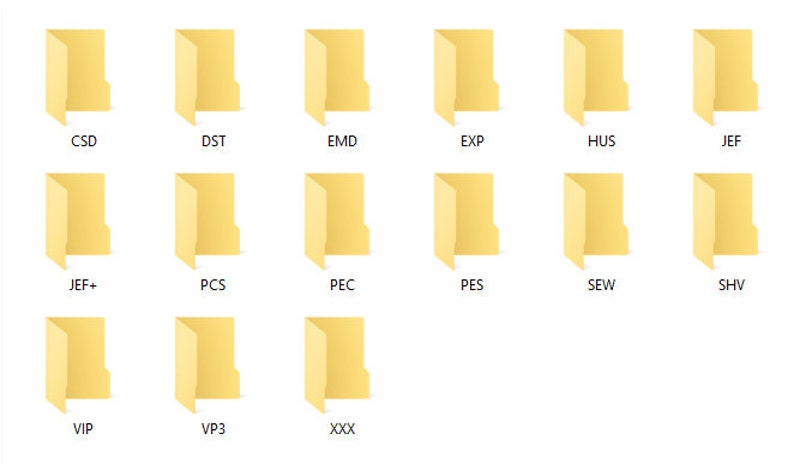 May include: A screenshot of a computer screen showing a list of folders with names like CSD, DST, EMD, EXP, HUS, JEF, JEF+, PCS, PEC, PES, SEW, SHV, VIP, VP3, and XXX.