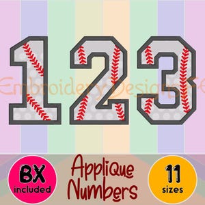 May include: Applique numbers 1, 2, and 3 in a baseball design. The numbers are gray with white stitching and red seams. The numbers are available in 11 sizes.