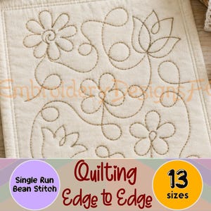 Puede incluir: Un panel de tela rectangular de color blanco roto con un patrón continuo cosido a máquina de flores, hojas y enredaderas. El bordado está realizado con puntada de frijol. El texto dice EmbroideryDesignsFe, Quilting Edge to Edge, Single Run Bean Stitch y 13 sizes.