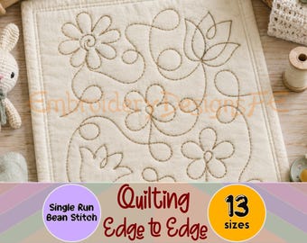 Floral Edge to Edge Quilting Embroidery Design – Flower Meander Pattern – Single Run & Bean Stitch – Continuous Line Quilting – 13 Sizes