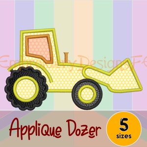 May include: Yellow applique dozer with a black tire and a white polka dot pattern. Applique Dozer 5 sizes.