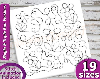 Flower Quilt Block Embroidery Design - 19 Sizes - Run & Triple Stitch Versions - Continuous Quilt Blocks Embroidery, Quilting Embroidery