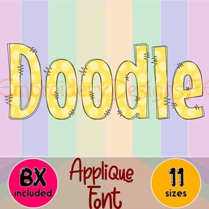 Pode incluir: Fonte de aplique Doodle com letras amarelas e bolinhas brancas. A fonte está disponível em 11 tamanhos e inclui um pacote de bônus.