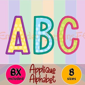 May include: Applique Alphabet embroidery design featuring the letters A, B, and C in a colorful polka dot pattern. The design comes in 8 sizes and includes 6x embroidery files.