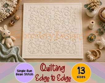 Quilting Edge to Edge Embroidery Design – Stars Meander Pattern – Single Run & Bean Stitch – Continuous Line Quilting – 13 Sizes