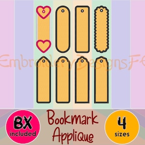 Peut inclure: Présentation de huit marque-pages jaunes avec des contours noirs. Deux ont des cœurs, et l'un a un bord festonné. Le texte "BX included", "Bookmark Applique" et "4 sizes" est également visible.