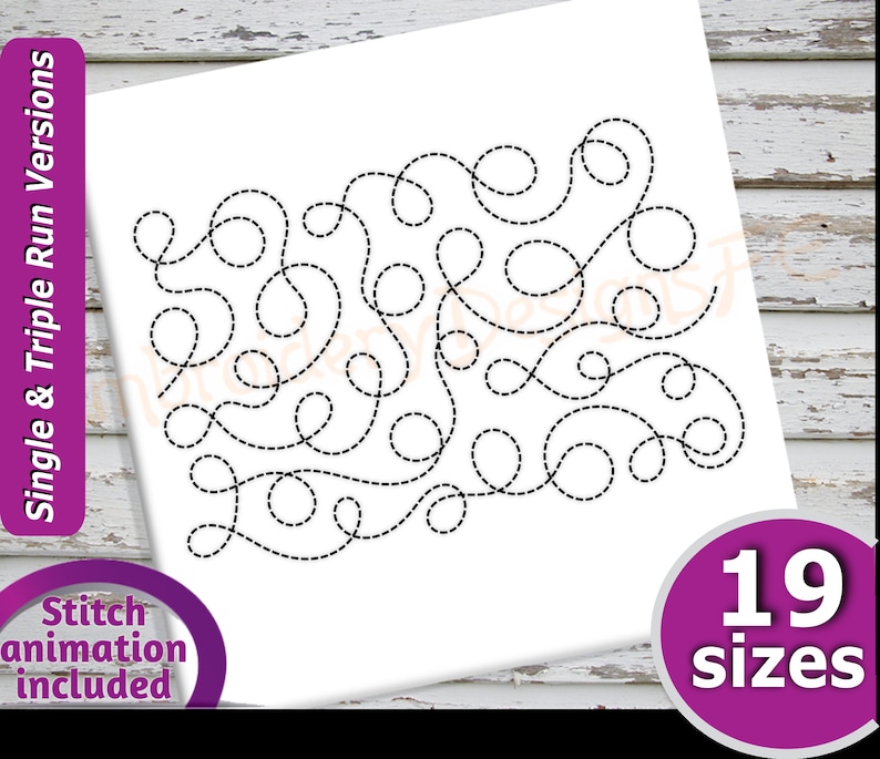 May include: A black and white digital download of a free motion quilting design with a dashed line pattern of swirls and circles. The design is available in 19 sizes. Stitch animation is included.
