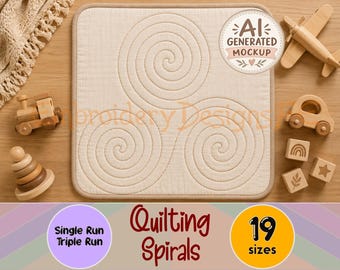 May include: A square, cream-colored quilted fabric piece featuring a triple spiral embroidery design. The item is surrounded by wooden toy figures including a train, airplane, car, stacking rings, and blocks with engraved icons.